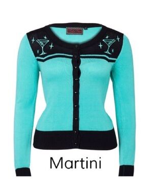 Voodoo Vixen Martini time Aqua and Black Button-Up Sweater Cardigan- NLA